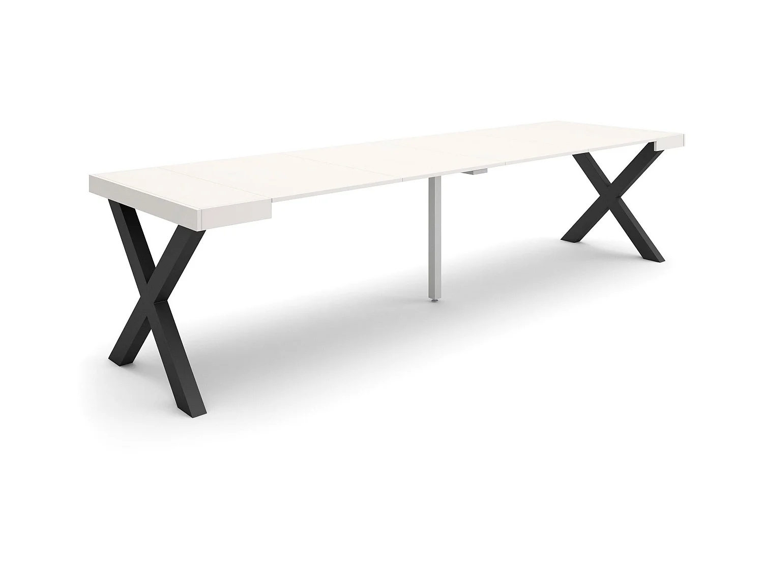 Table console extensible, 302x90x73cm, Pour 14 personnes, Pieds bois massif, Blanc
