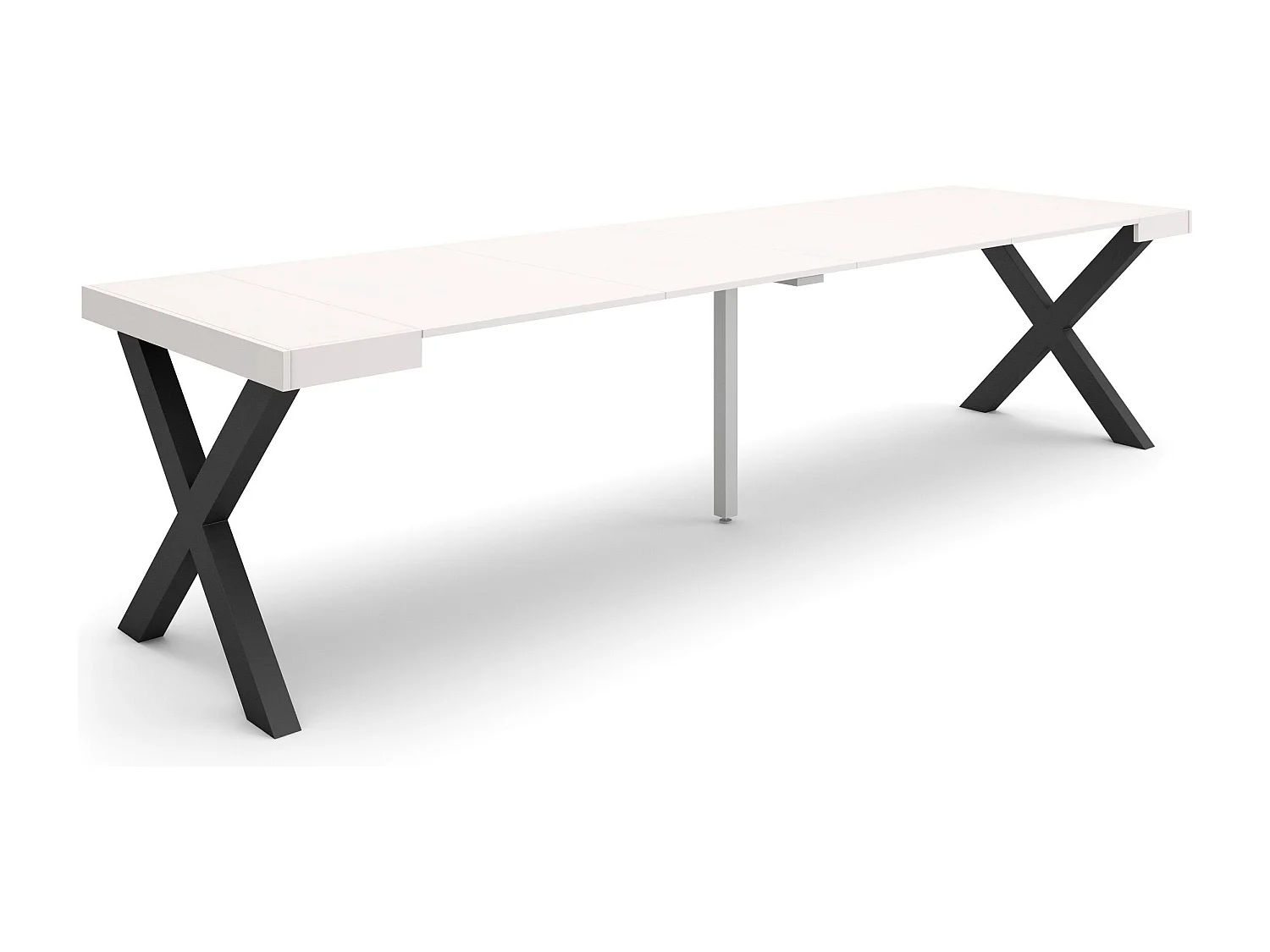 Uitschuifbare Consoletafel, 302x90x73cm, Voor 14 personen, Massief houten poten, Wit