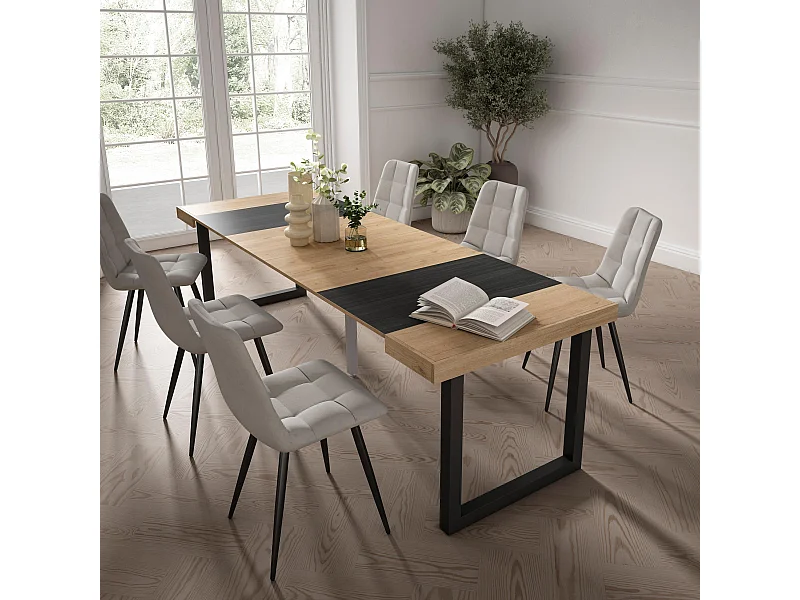 Uitschuifbare Consoletafel, 262x90x73cm, Voor 12 personen, Massief houten poten, Eiken/Zwart