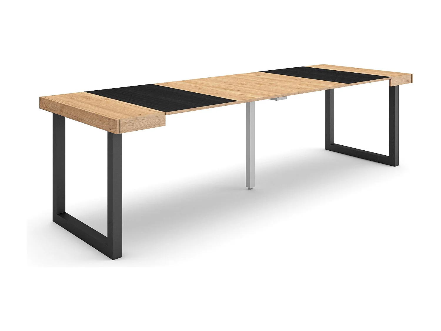 Table console extensible, 262x90x73cm, Pour 12 personnes, Pieds bois massif, Chêne et noir