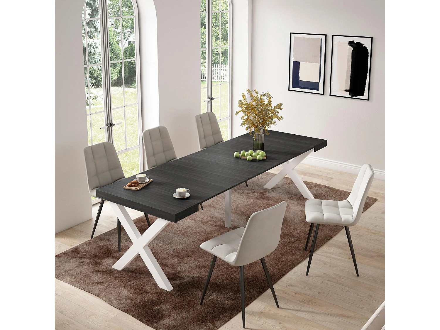 Table console extensible, 262x90x73cm, Pour 12 personnes, Pieds bois massif, Noir