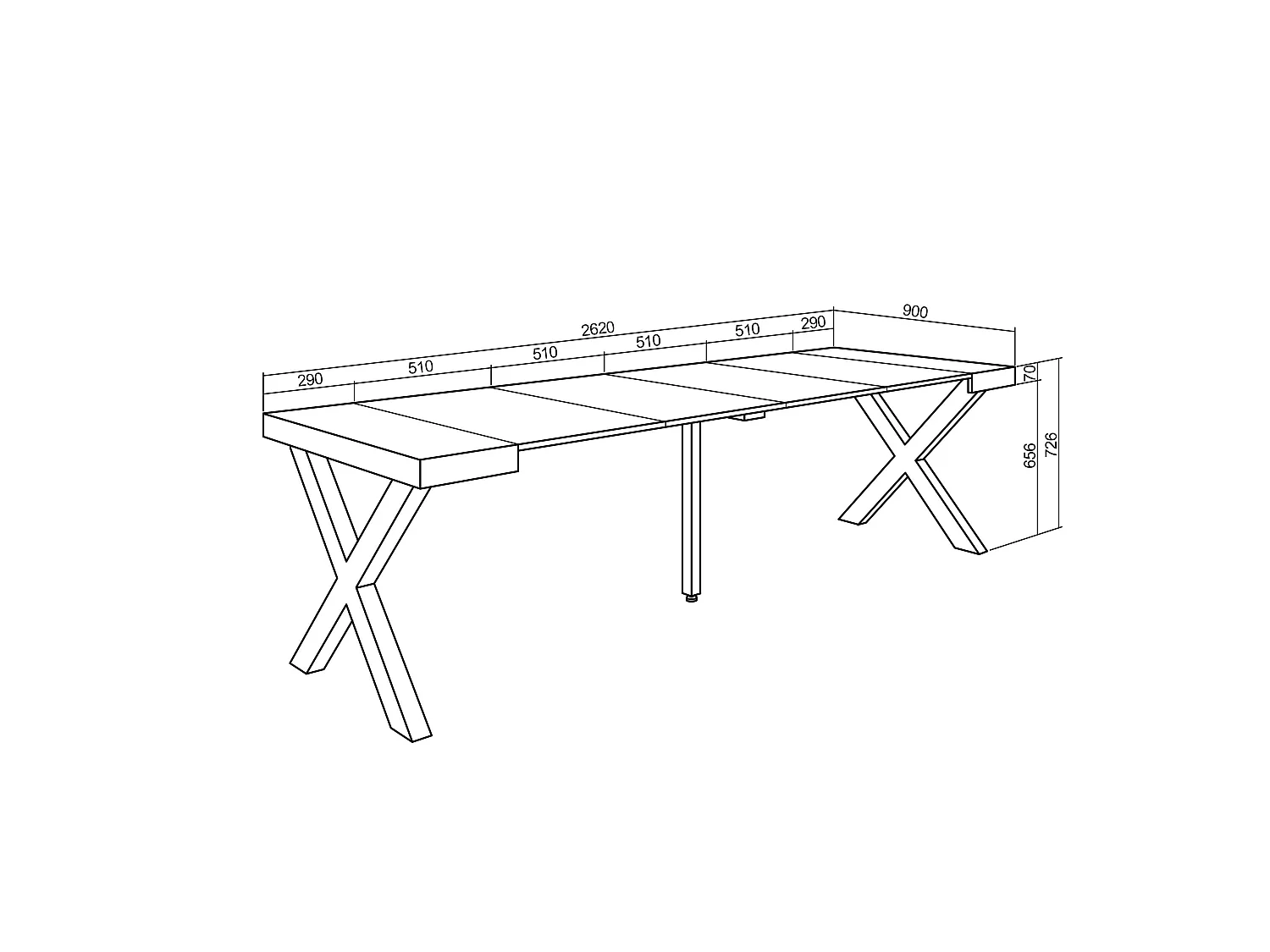 Table console extensible, 262x90x73cm, Pour 12 personnes, Pieds bois massif, Noir