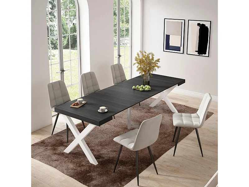 Uitschuifbare Consoletafel, 262x90x73cm, Voor 12 personen, Massief houten poten, Zwart