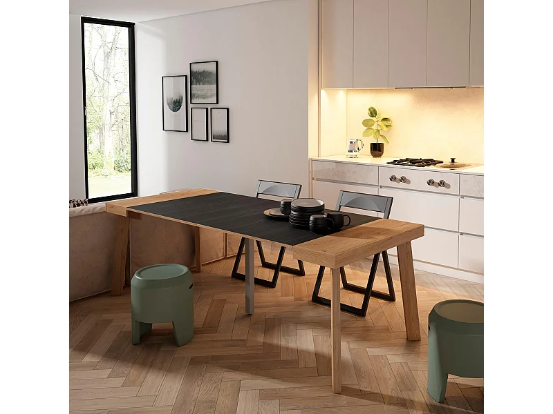 Ausziehbarertisch, 222x90x73cm, Für 10 Gäste, Hölzerne Beine, Eiche Schwarz