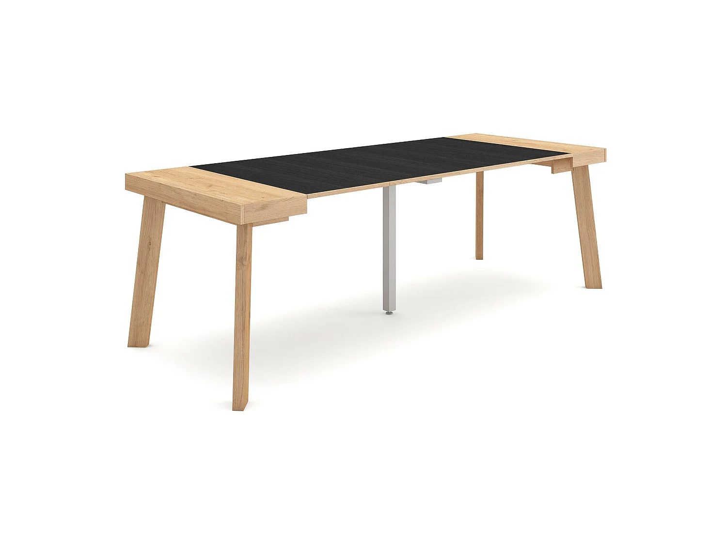 Table console extensible, 222x90x73cm, Pour 10 personnes, Pieds en bois, Chêne et noir