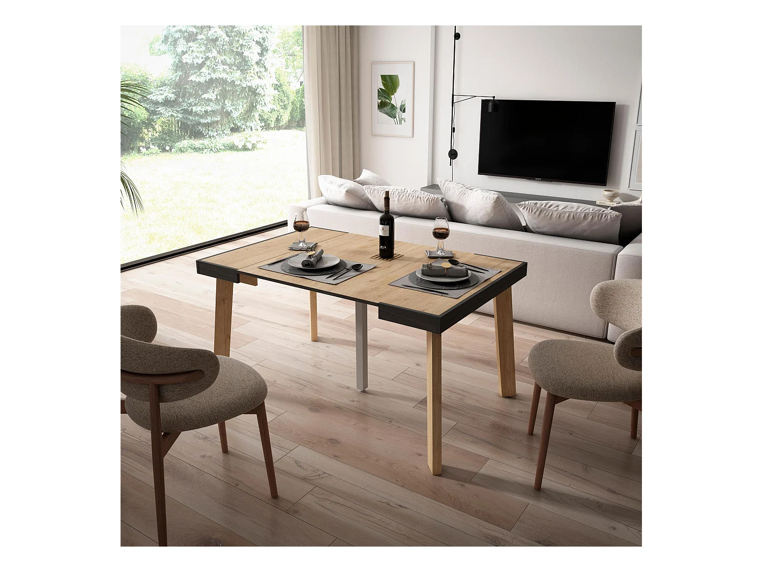 Uitschuifbare Consoletafel, 140x90x73cm, Voor 6 personen, Houten poten, Eiken