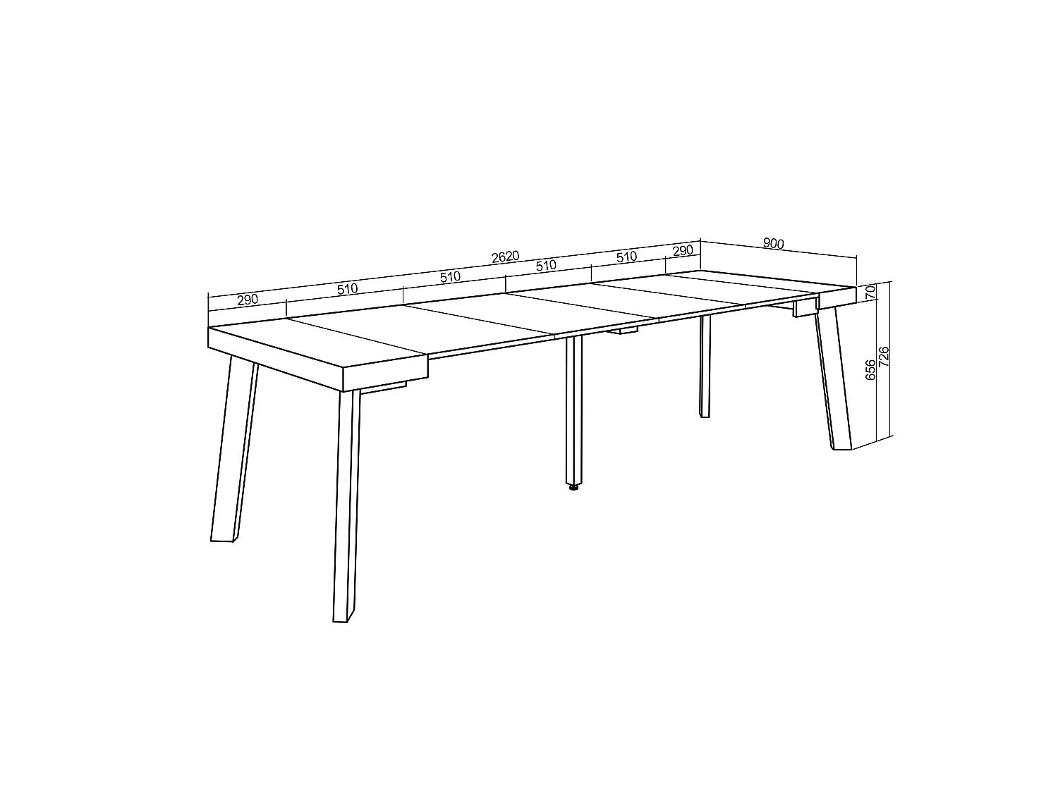 Uitschuifbare Consoletafel, 262x90x73cm, Voor 12 personen, Houten poten, Eiken/Wit