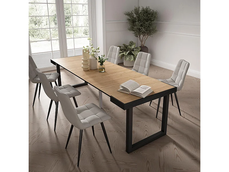 Ausziehbarertisch, 262x90x73cm, Für 12 Gäste, Massivholz Beine, Eiche