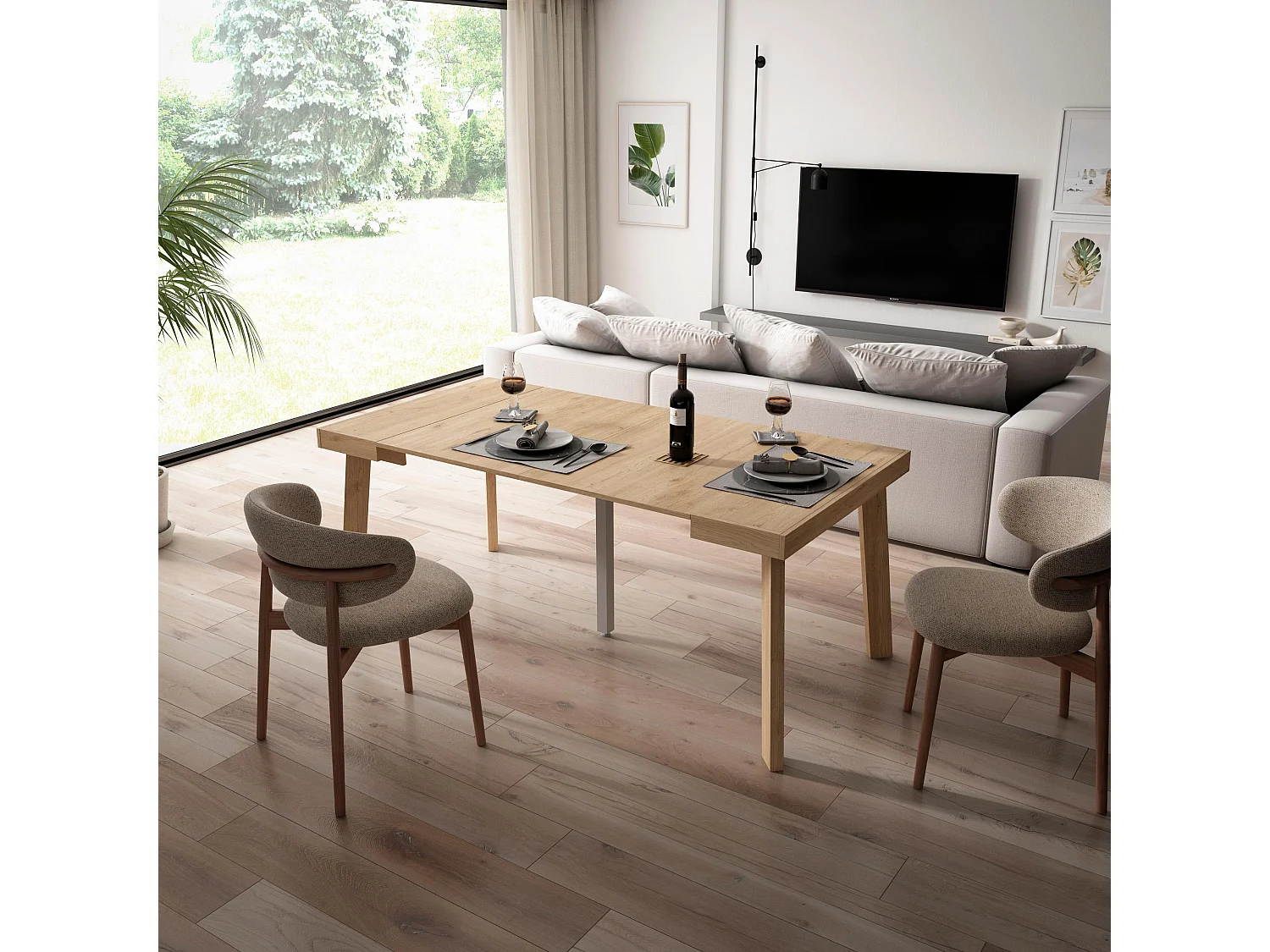 Table console extensible, 180x90x73cm, Pour 8 personnes, Pieds en bois, Chêne