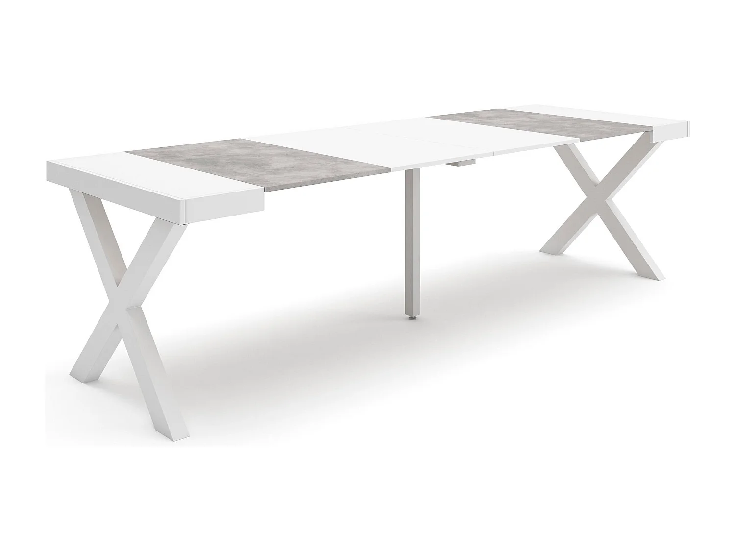 Table console extensible, 262x90x73cm, Pour 12 personnes, Pieds bois massif, Blanc et ciment
