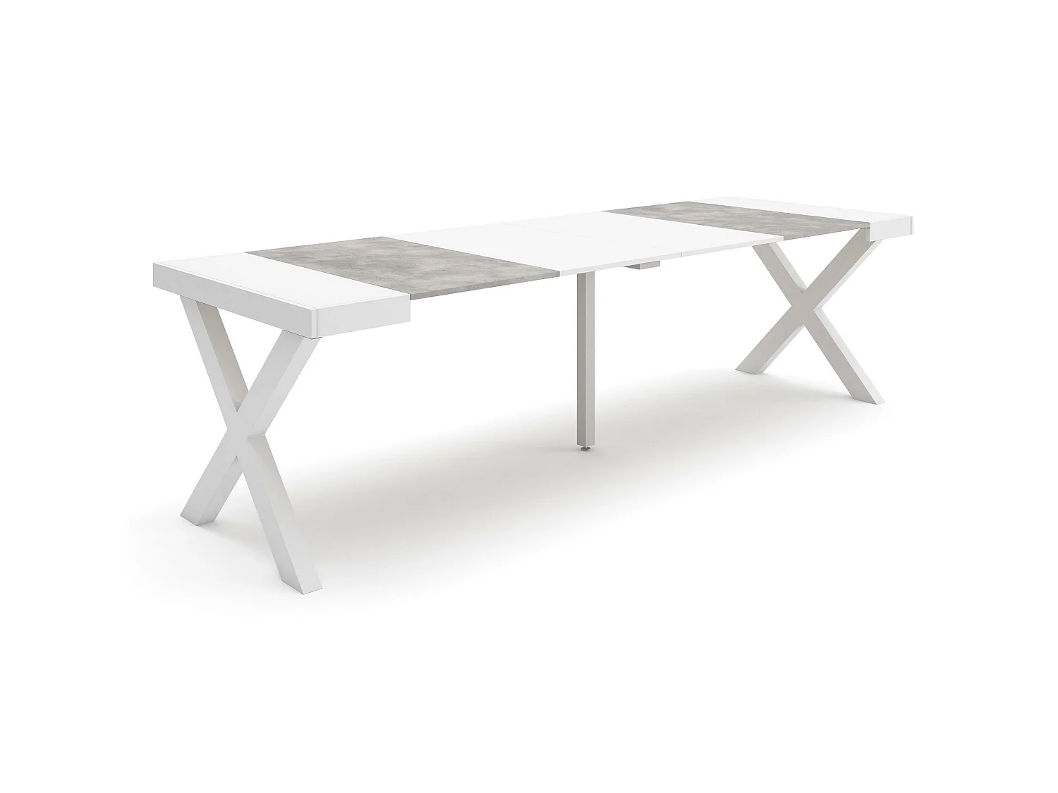 Uitschuifbare Consoletafel, 262x90x73cm, Voor 12 personen, Massief houten poten, Wit en Cement