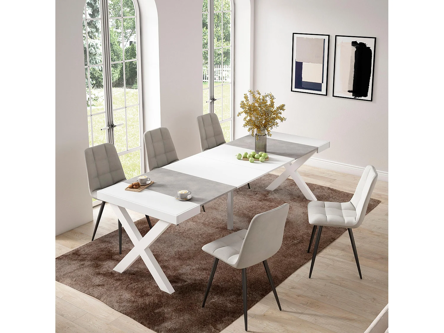 Table console extensible, 262x90x73cm, Pour 12 personnes, Pieds bois massif, Blanc et ciment