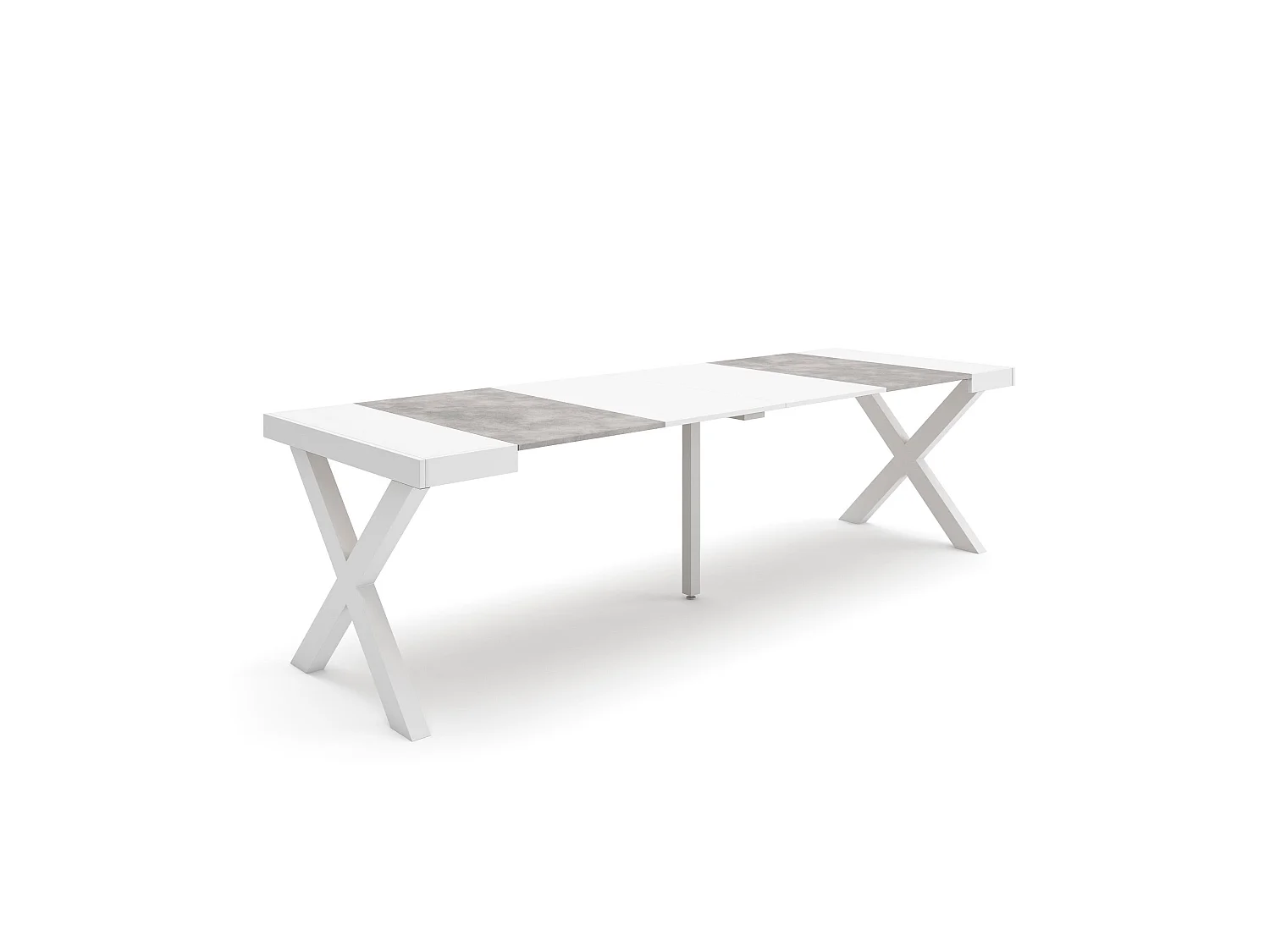 Table console extensible, 262x90x73cm, Pour 12 personnes, Pieds bois massif, Blanc et ciment