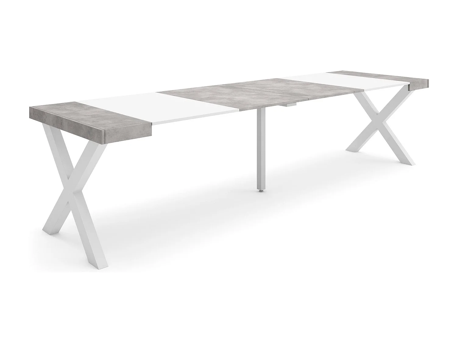 Uitschuifbare Consoletafel, 302x90x73cm, Voor 14 personen, Massief houten poten, Wit en Cement