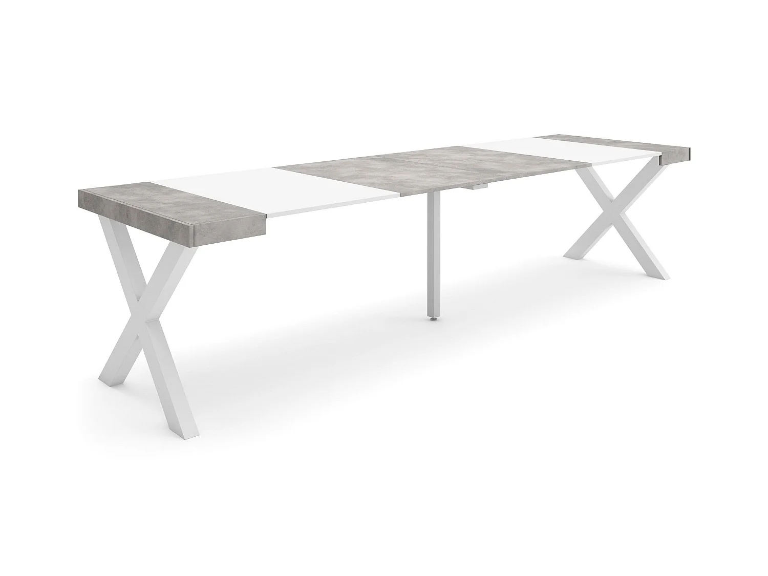 Table console extensible, 302x90x73cm, Pour 14 personnes, Pieds bois massif, Blanc et ciment