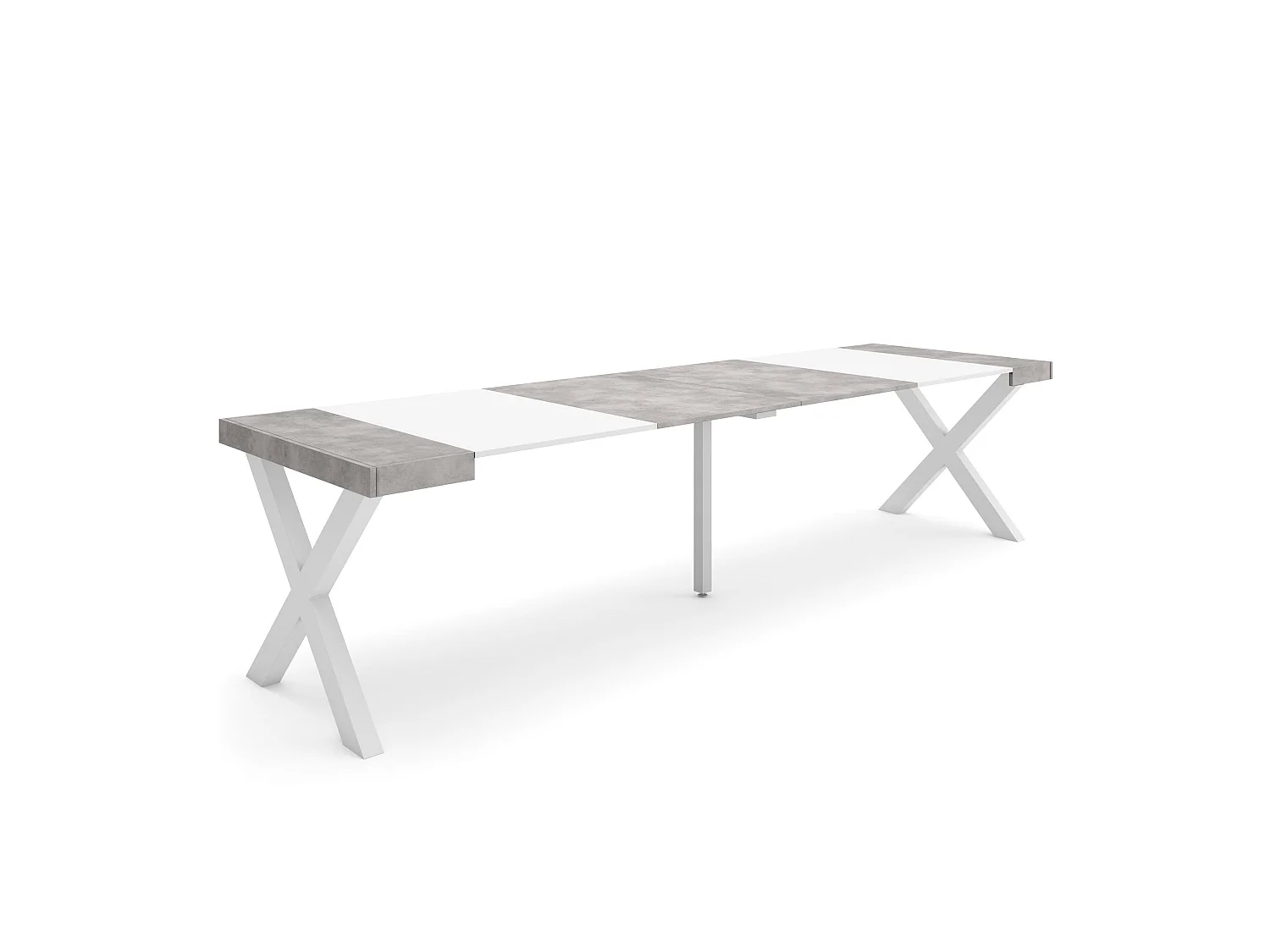 Table console extensible, 302x90x73cm, Pour 14 personnes, Pieds bois massif, Blanc et ciment