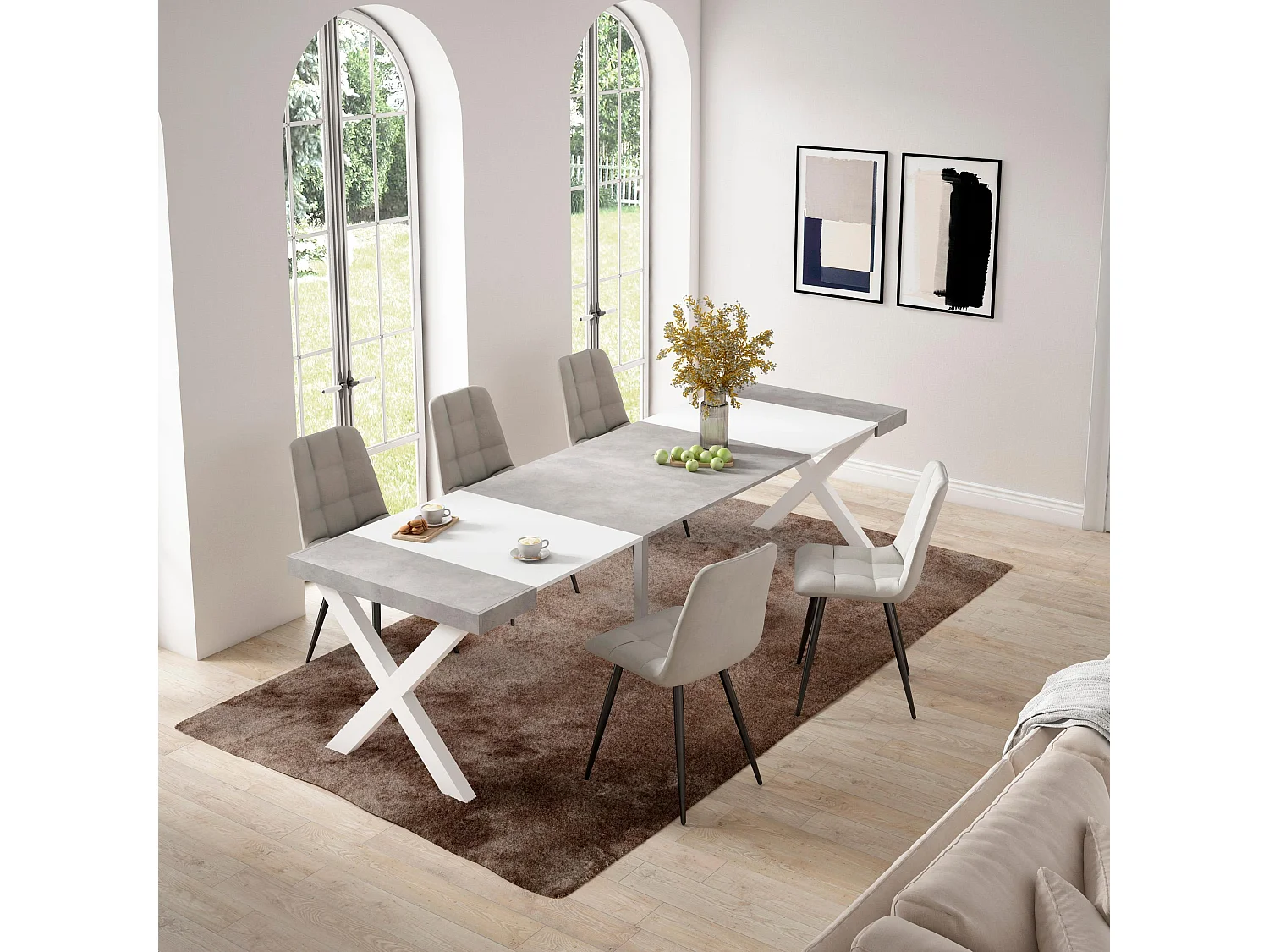 Table console extensible, 302x90x73cm, Pour 14 personnes, Pieds bois massif, Blanc et ciment