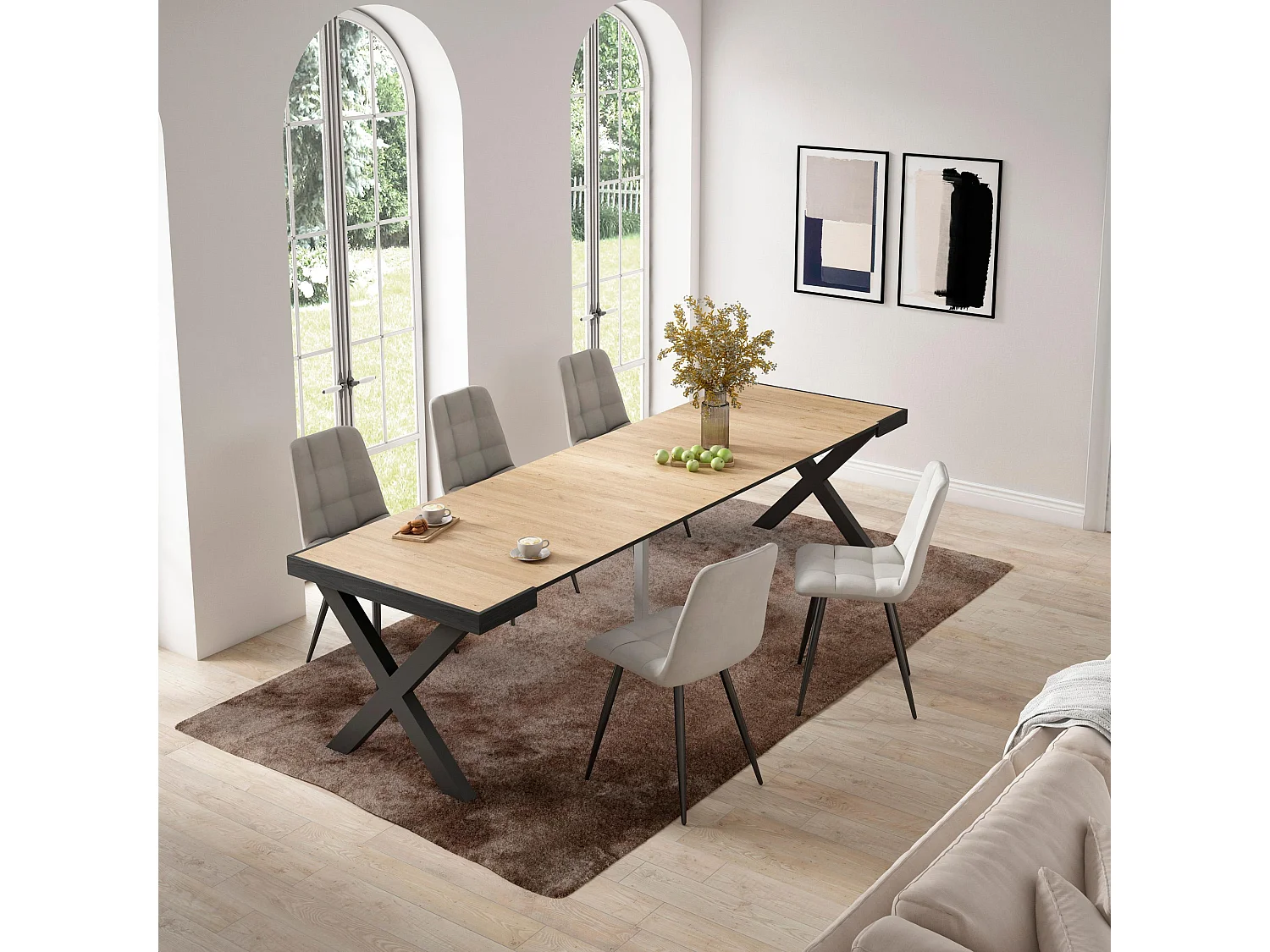 Ausziehbarertisch, 302x90x73cm, Für 14 Gäste, Massivholz Beine, Eiche