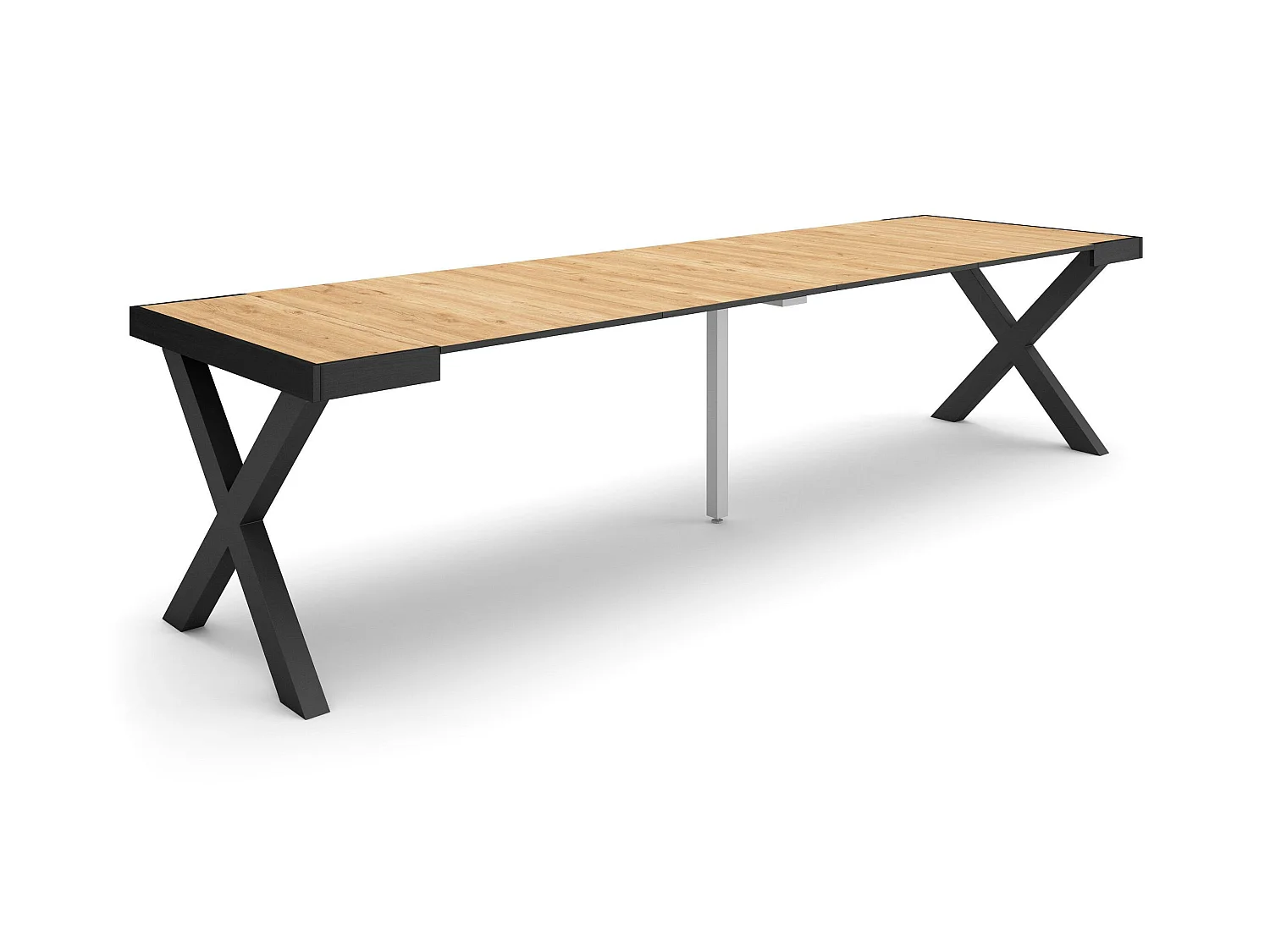 Table console extensible, 302x90x73cm, Pour 14 personnes, Pieds bois massif, Chêne