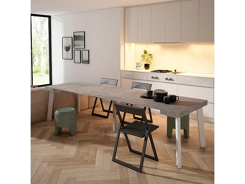 Table console extensible, 302x90x73cm, Pour 14 personnes, Pieds en bois, Ciment