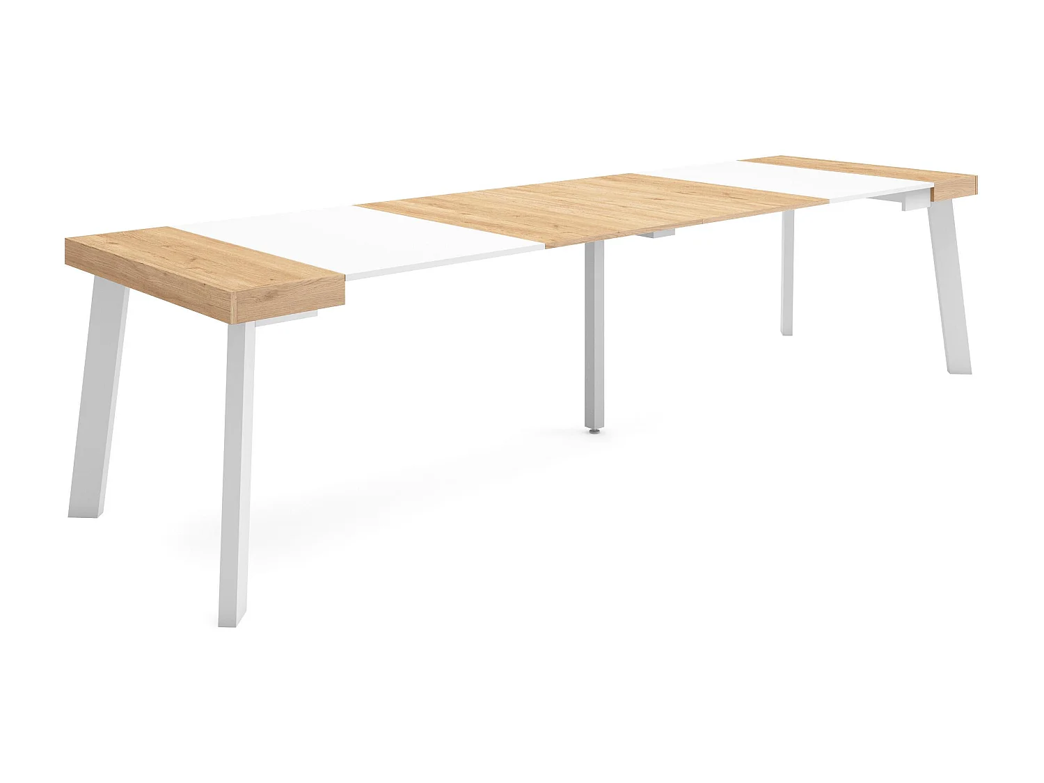 Uitschuifbare Consoletafel, 302x90x73cm, Voor 14 personen, Houten poten, Eiken/Wit