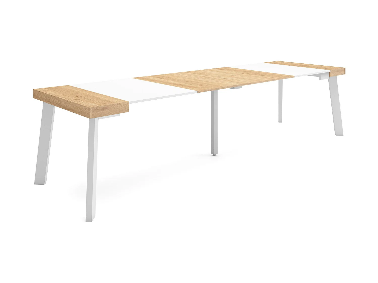 Table console extensible, 302x90x73cm, Pour 14 personnes, Pieds en bois, Chêne et blanc
