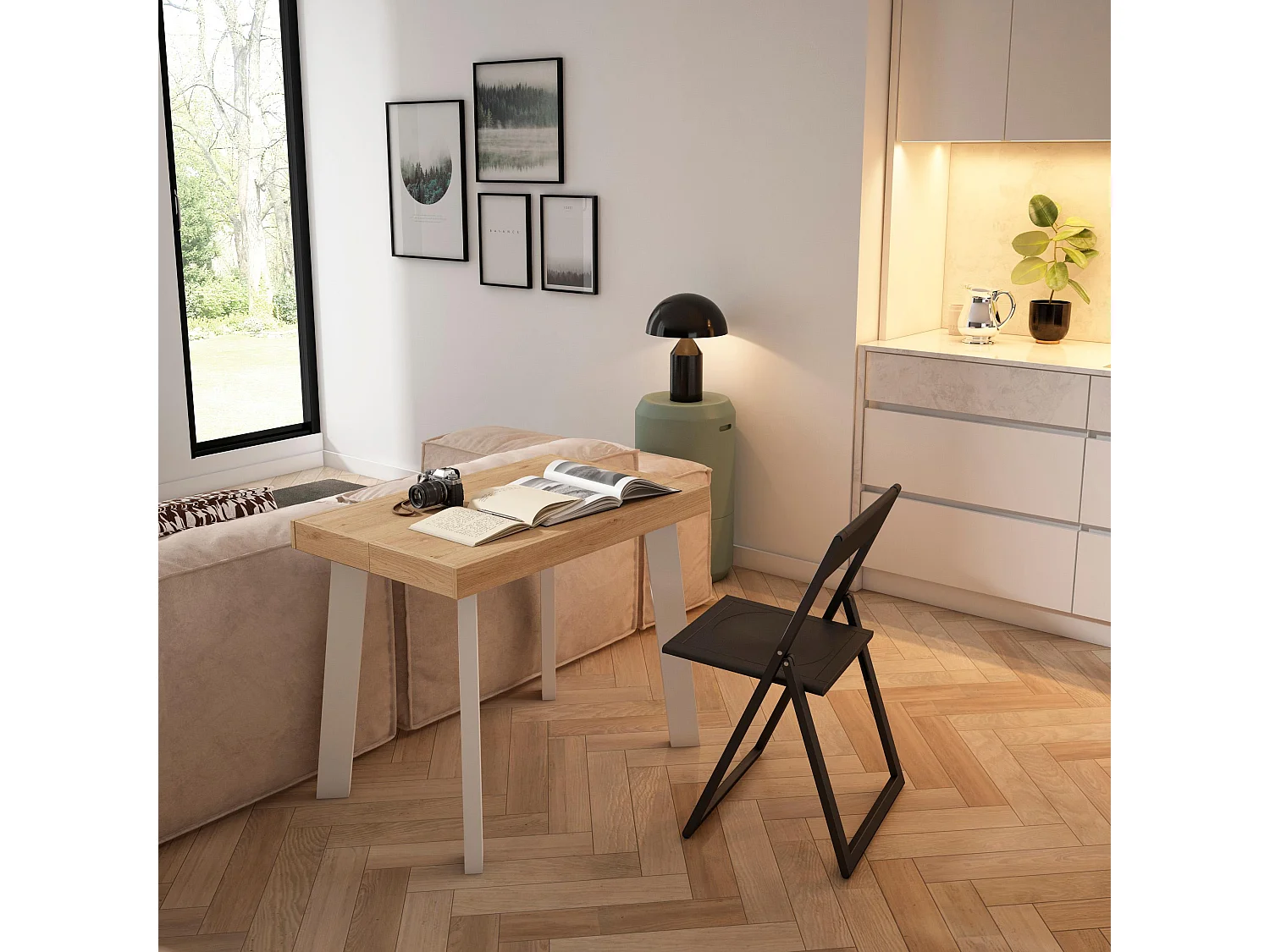 Table console extensible, 302x90x73cm, Pour 14 personnes, Pieds en bois, Chêne et blanc