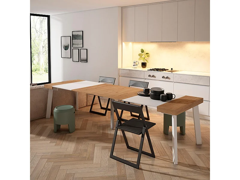 Table console extensible, 302x90x73cm, Pour 14 personnes, Pieds en bois, Chêne et blanc