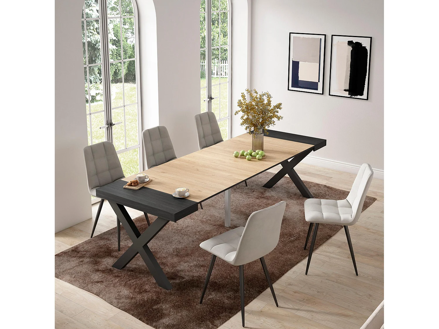 Table console extensible, 262x90x73cm, Pour 12 personnes, Pieds bois massif, Chêne et noir