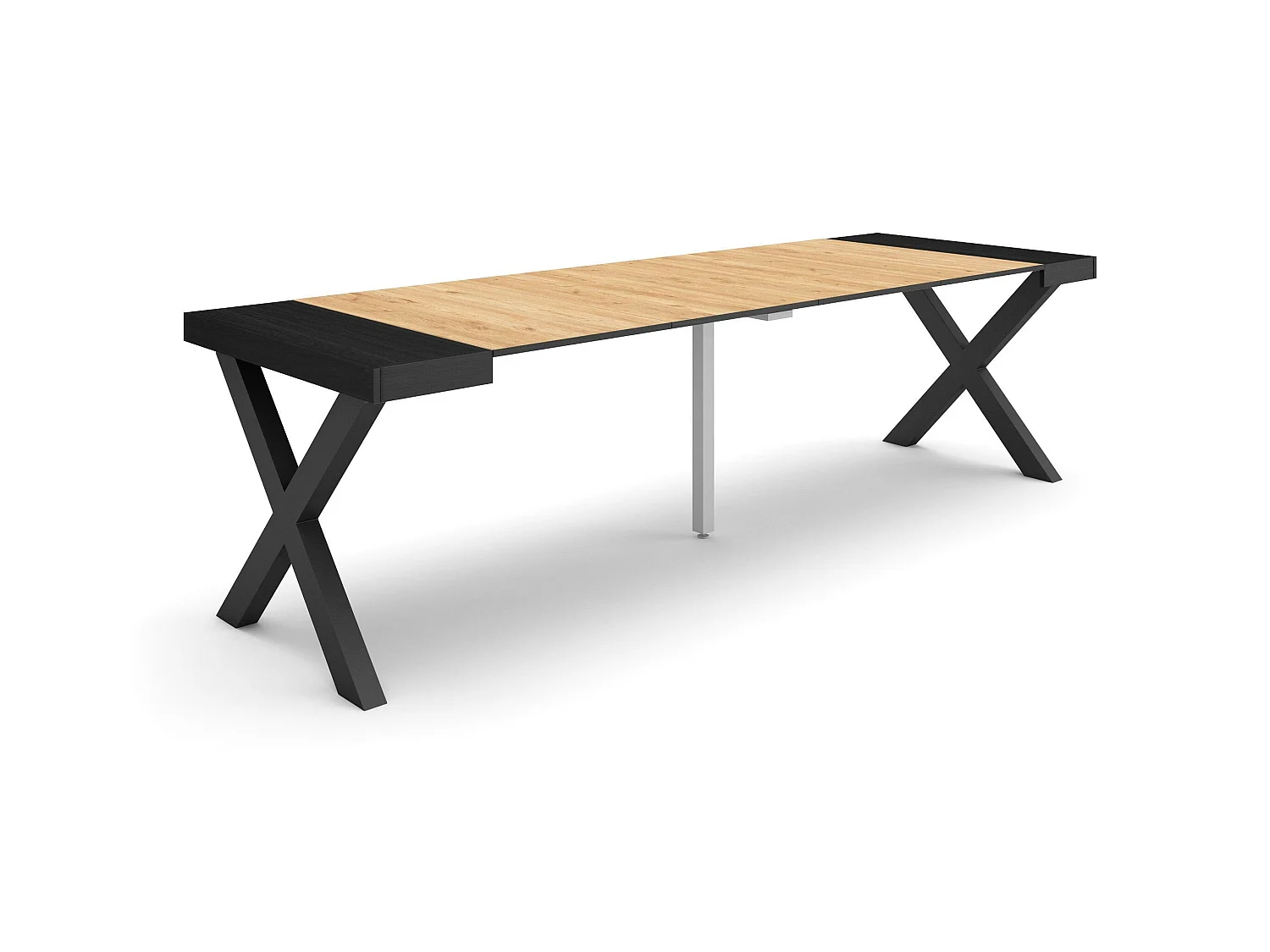 Table console extensible, 262x90x73cm, Pour 12 personnes, Pieds bois massif, Chêne et noir