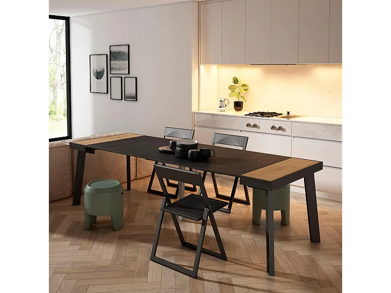 Uitschuifbare Consoletafel, 262x90x73cm, Voor 12 personen, Houten poten, Eiken/Zwart