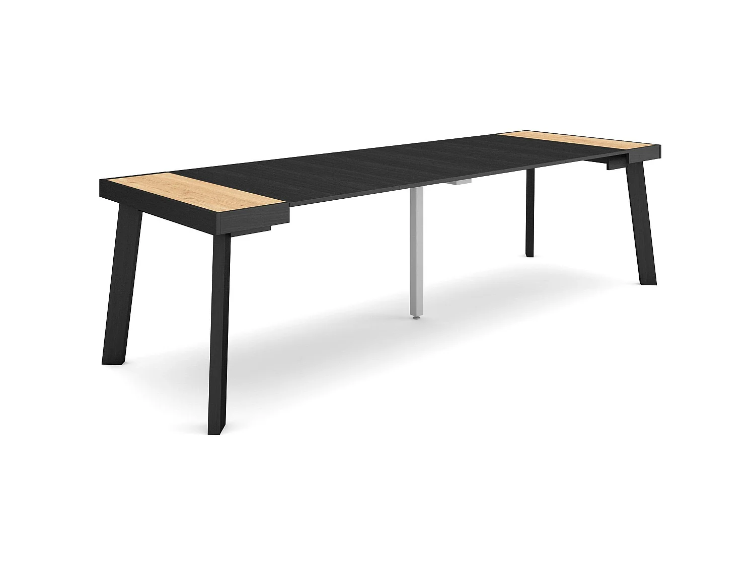Table console extensible, 262x90x73cm, Pour 12 personnes, Pieds en bois, Chêne et noir