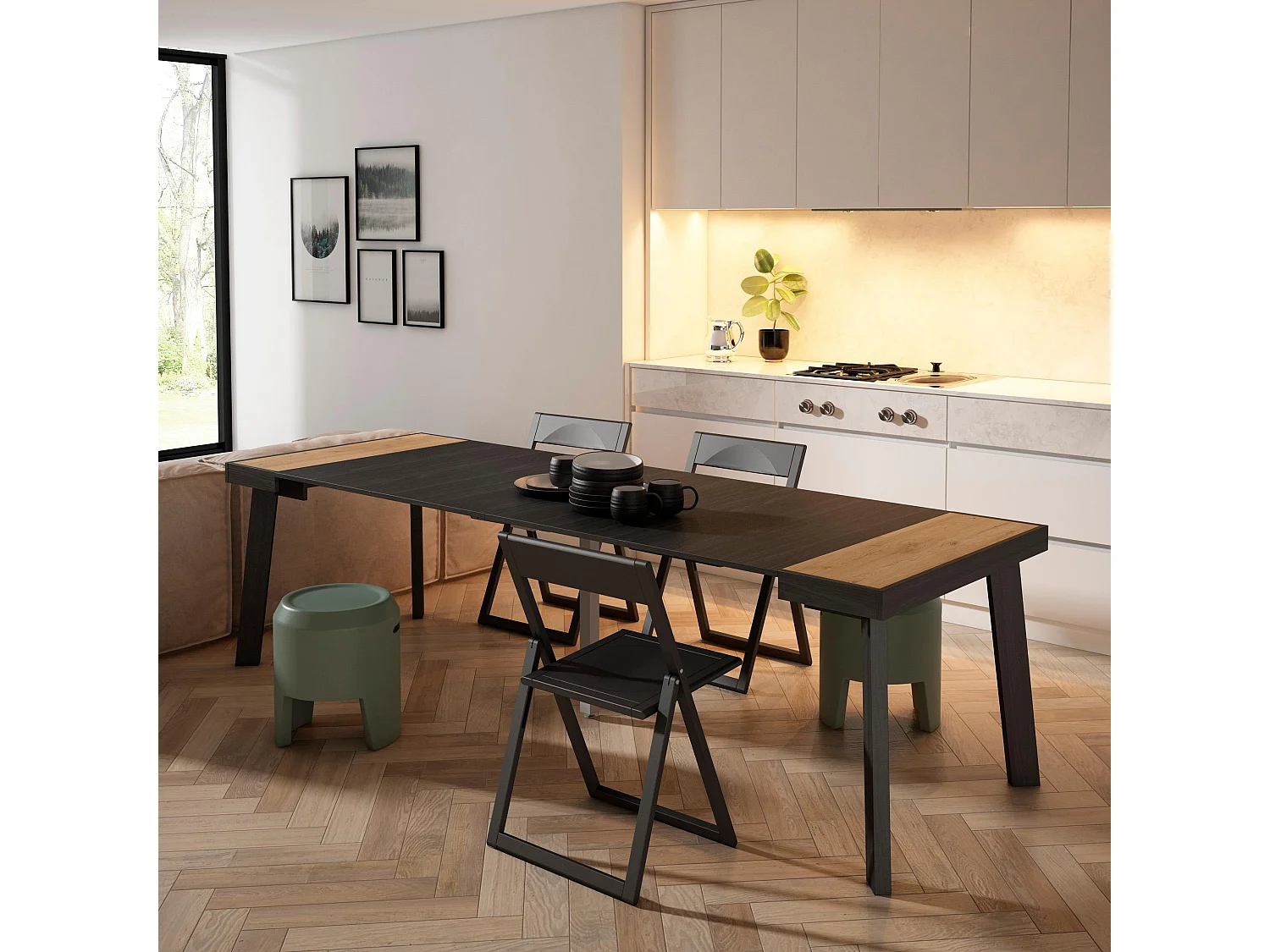 Table console extensible, 262x90x73cm, Pour 12 personnes, Pieds en bois, Chêne et noir