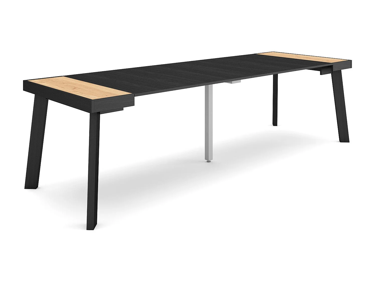 Table console extensible, 262x90x73cm, Pour 12 personnes, Pieds en bois, Chêne et noir