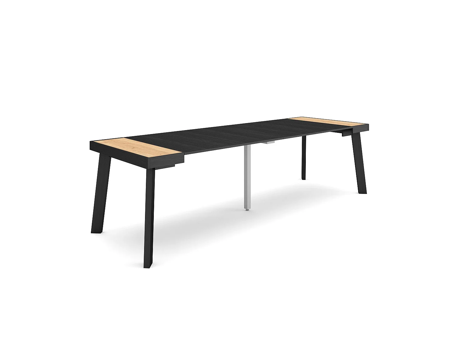 Table console extensible, 262x90x73cm, Pour 12 personnes, Pieds en bois, Chêne et noir