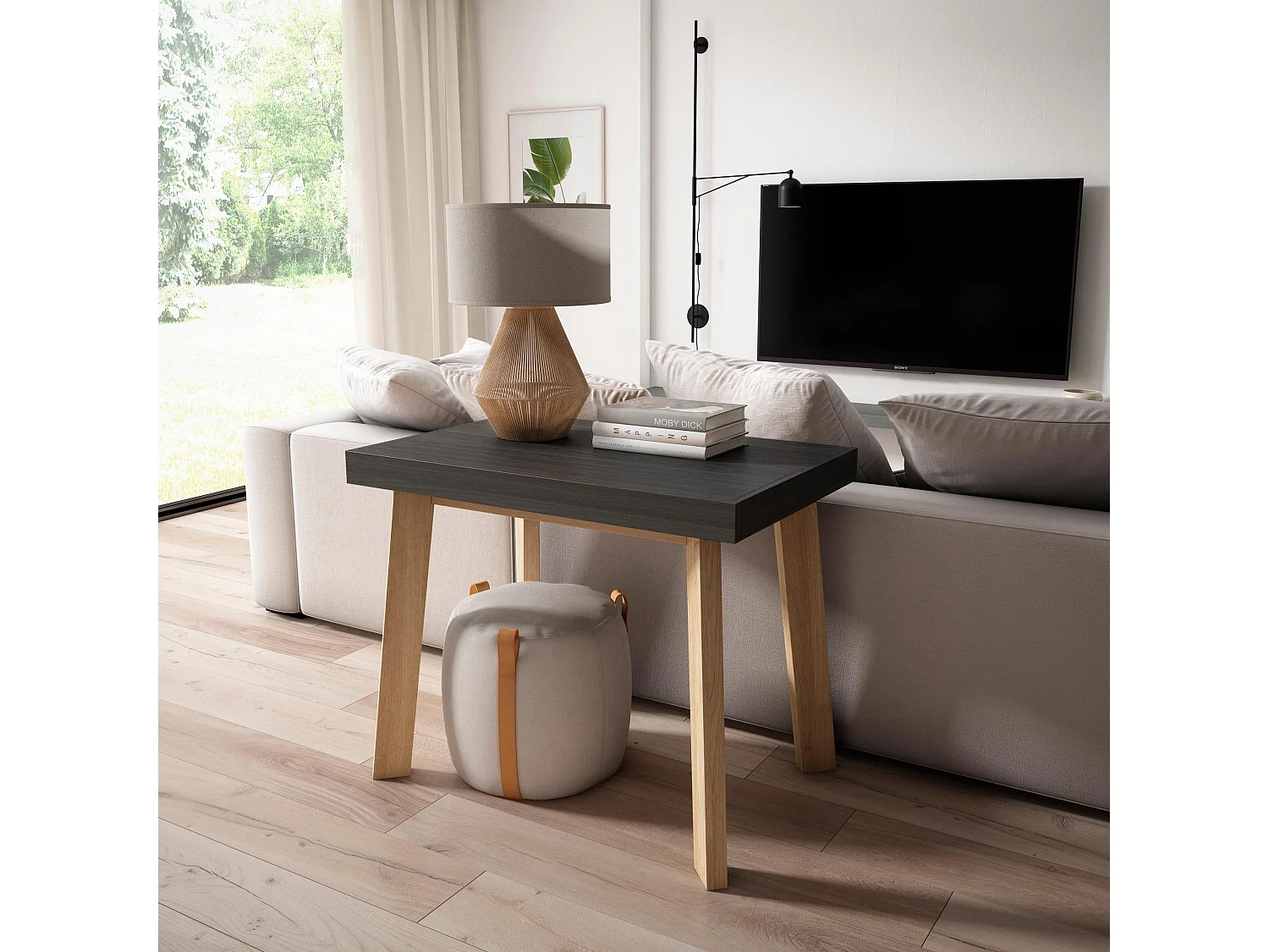 Table console extensible, 180x90x73cm, Pour 8 personnes, Pieds en bois, Noir et chêne