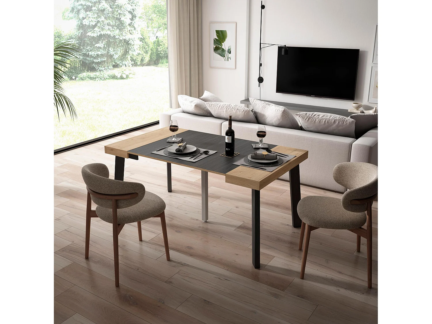 Table console extensible, 160x90x73cm, Pour 8 personnes, Pieds en bois, Chêne et noir