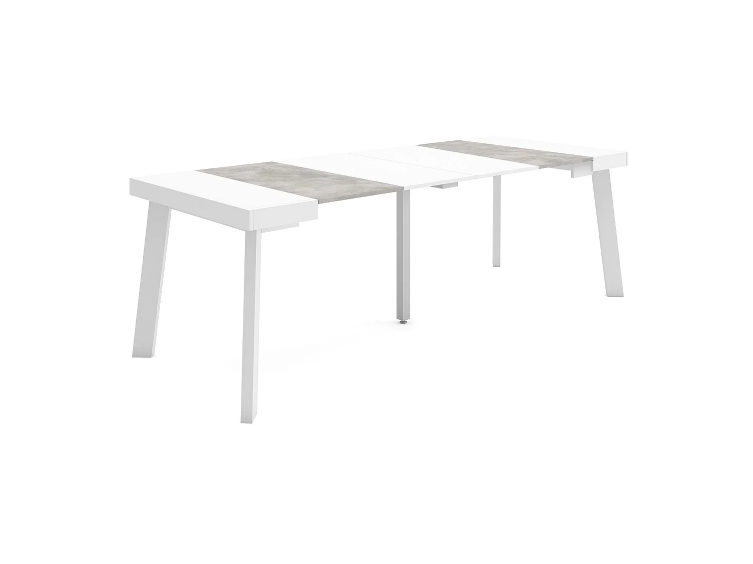 Table console extensible, 222x90x73cm, Pour 10 personnes, Pieds en bois, Blanc et ciment