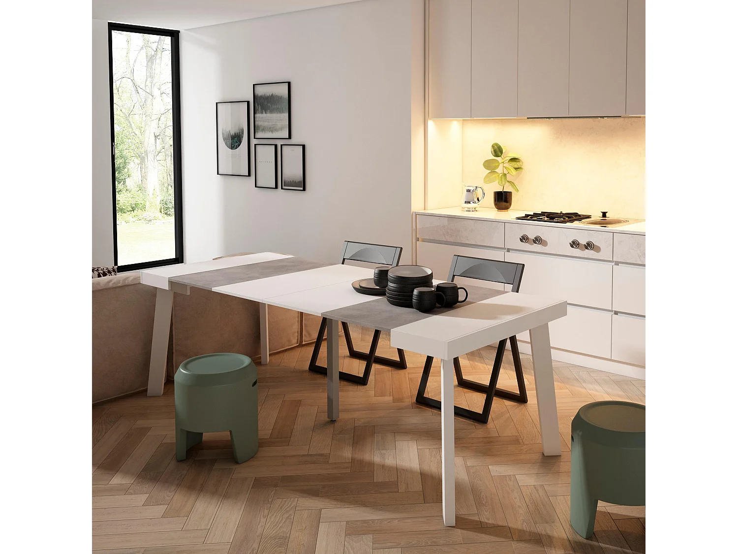 Table console extensible, 222x90x73cm, Pour 10 personnes, Pieds en bois, Blanc et ciment