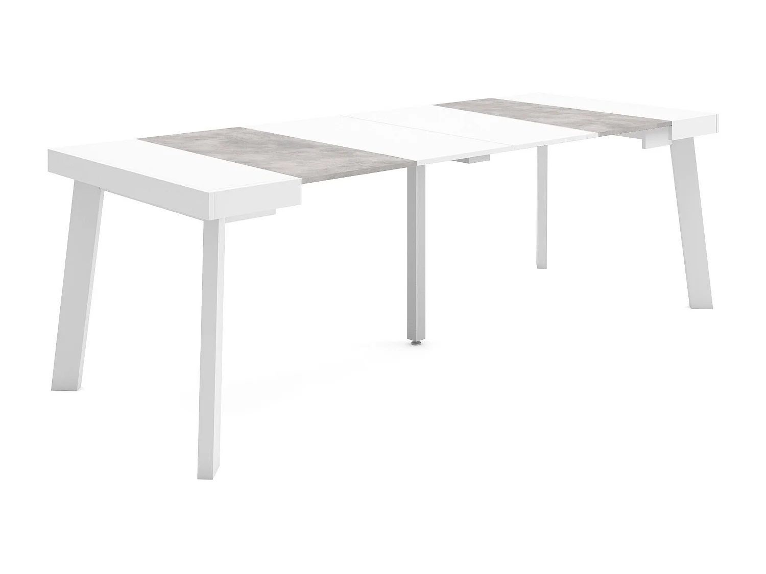 Table console extensible, 222x90x73cm, Pour 10 personnes, Pieds en bois, Blanc et ciment