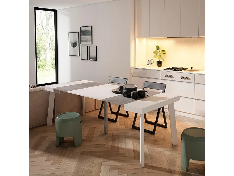 Uitschuifbare Consoletafel, 222x90x73cm, Voor 10 personen, Houten poten, Wit en Cement