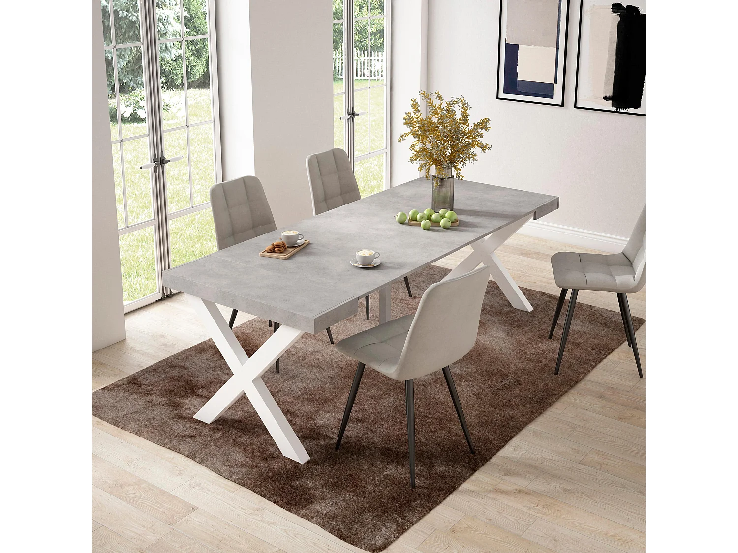 Uitschuifbare Consoletafel, 222x90x73cm, Voor 10 personen, Massief houten poten, Cement