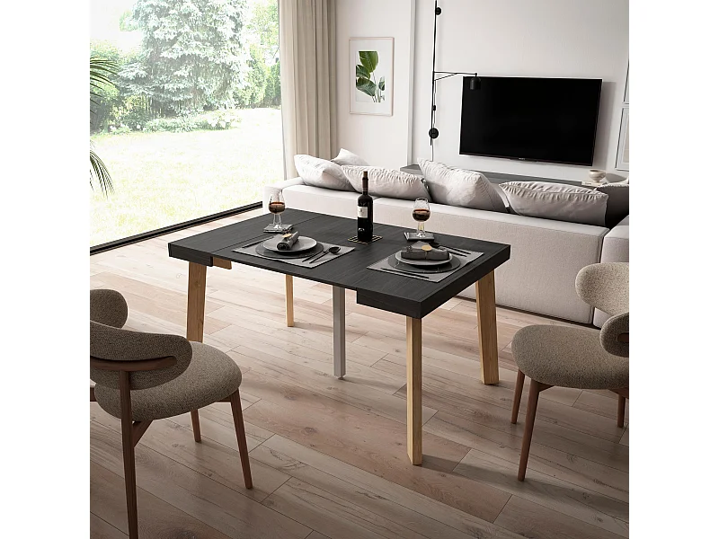 Table console extensible, 140x90x73cm, Pour 6 personnes, Pieds en bois, Noir