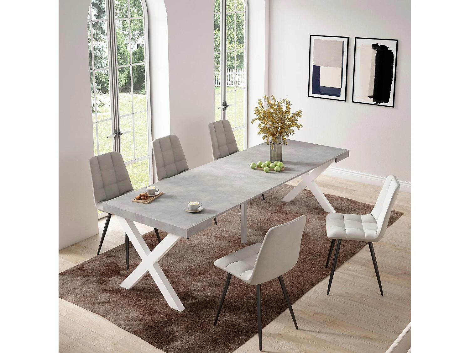 Ausziehbarertisch, 262x90x73cm, Für 12 Gäste, Massivholz Beine, Zement