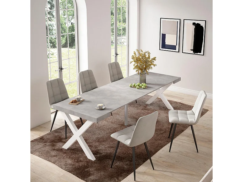 Table console extensible, 262x90x73cm, Pour 12 personnes, Pieds bois massif, Ciment