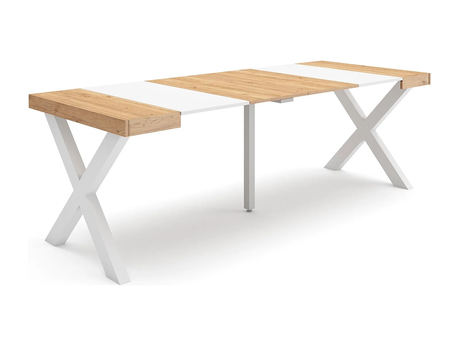 Table console extensible, 222x90x73cm, Pour 10 personnes, Pieds bois massif, Chêne et blanc