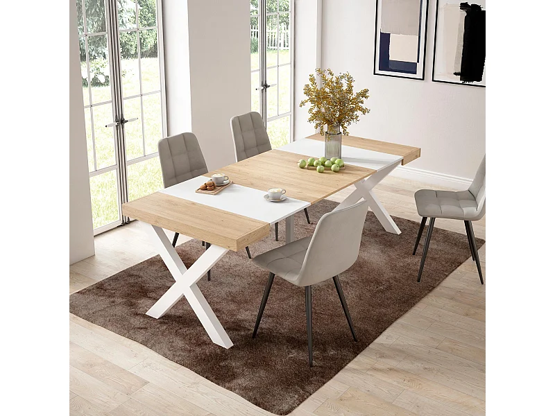 Table console extensible, 222x90x73cm, Pour 10 personnes, Pieds bois massif, Chêne et blanc