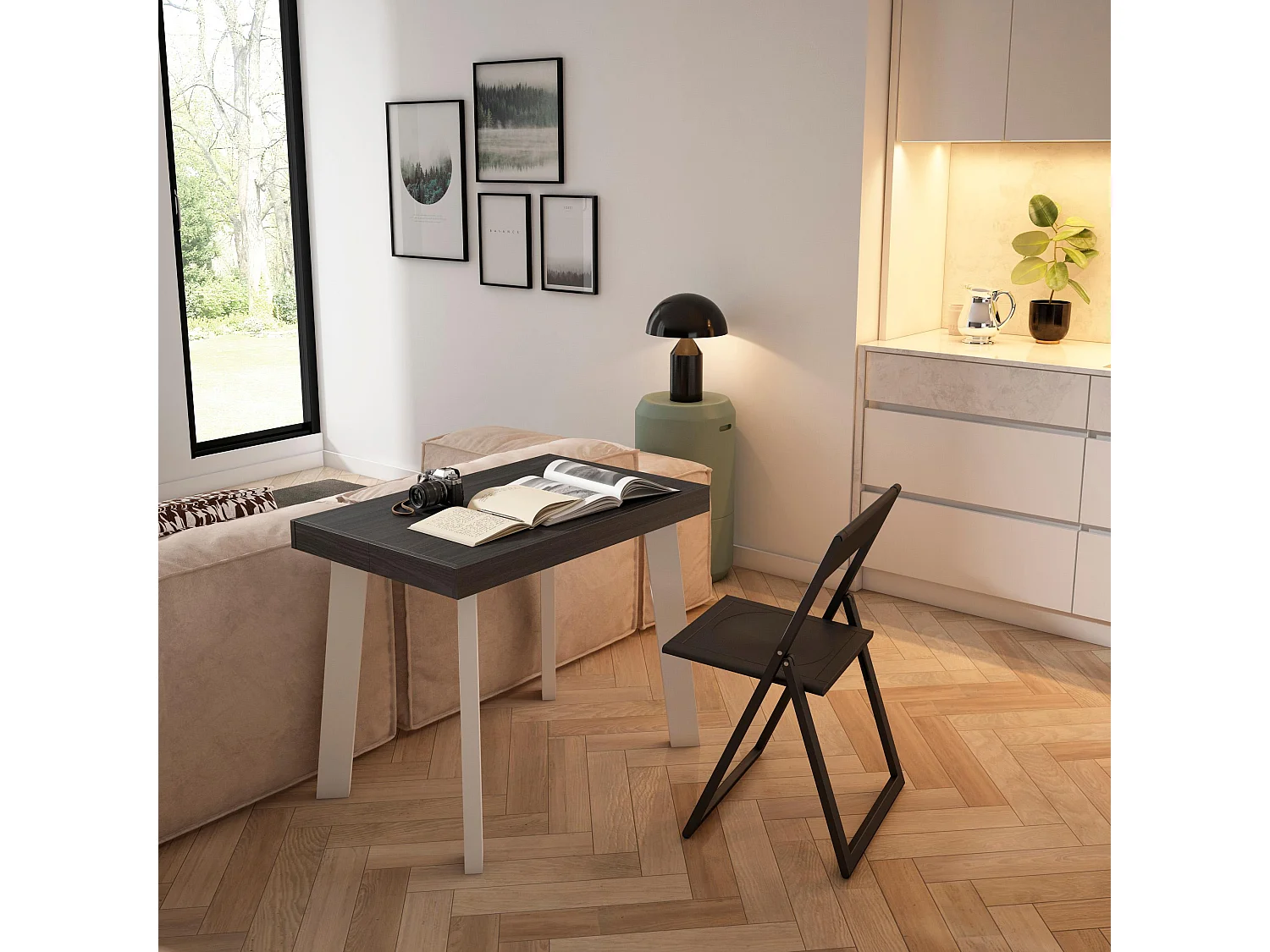 Table console extensible, 222x90x73cm, Pour 10 personnes, Pieds en bois, Noir
