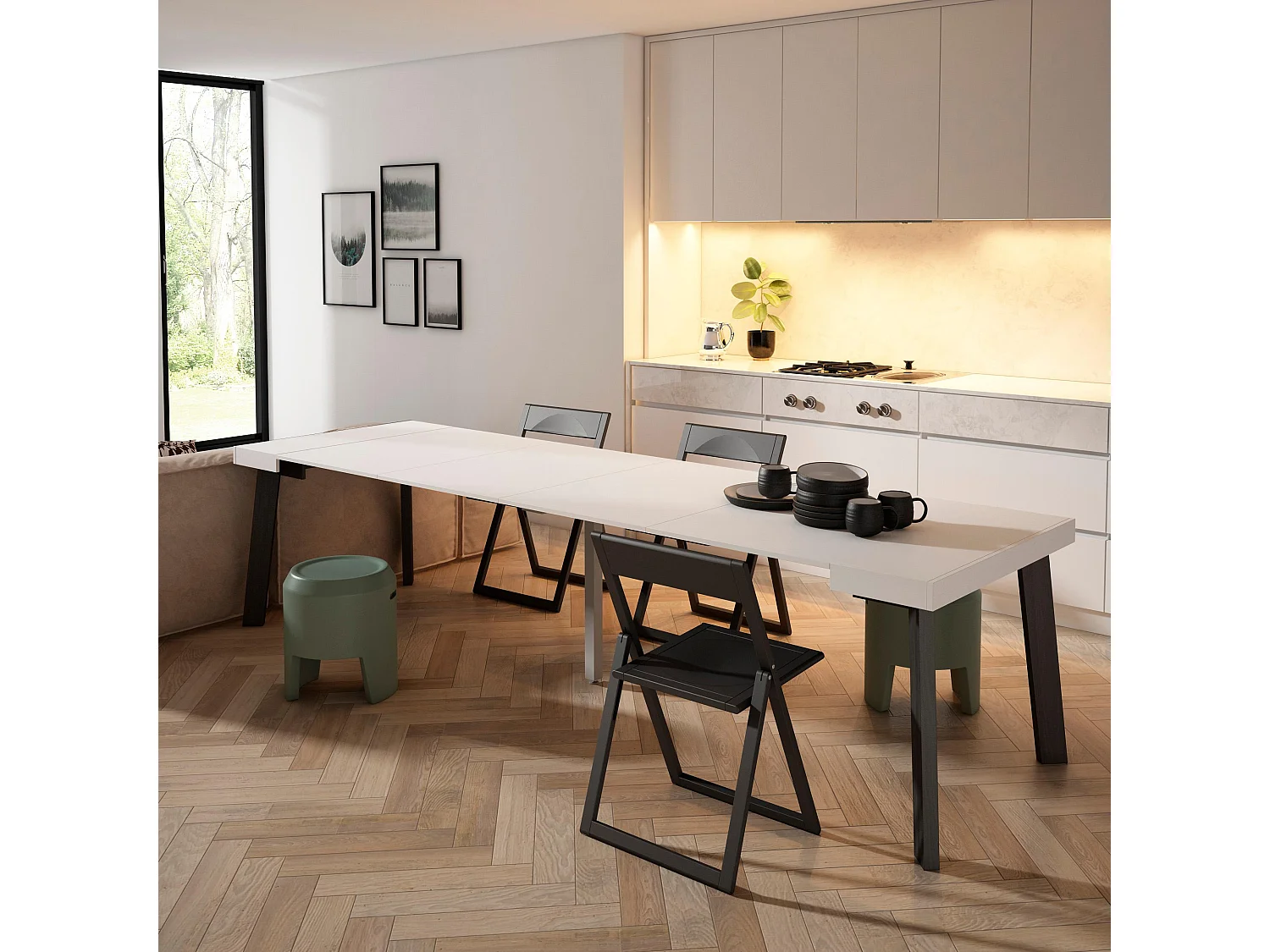 Ausziehbarertisch, 302x90x73cm, Für 14 Gäste, Hölzerne Beine, Weiß