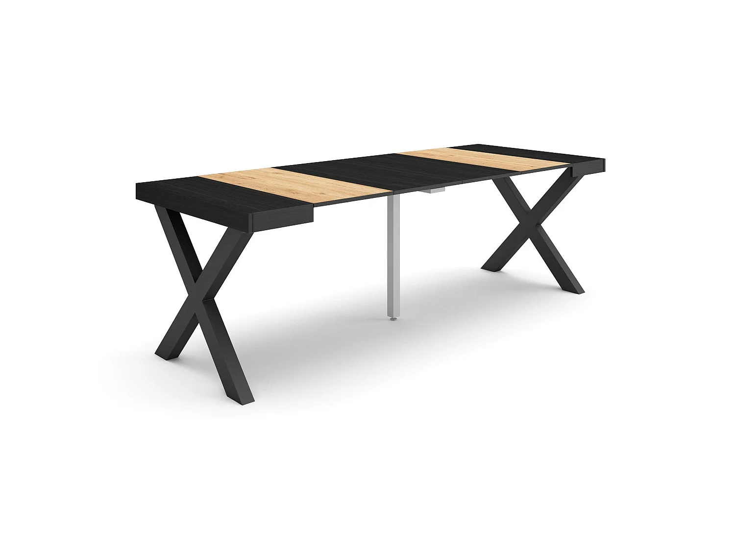 Table console extensible, 222x90x73cm, Pour 10 personnes, Pieds bois massif, Chêne et noir
